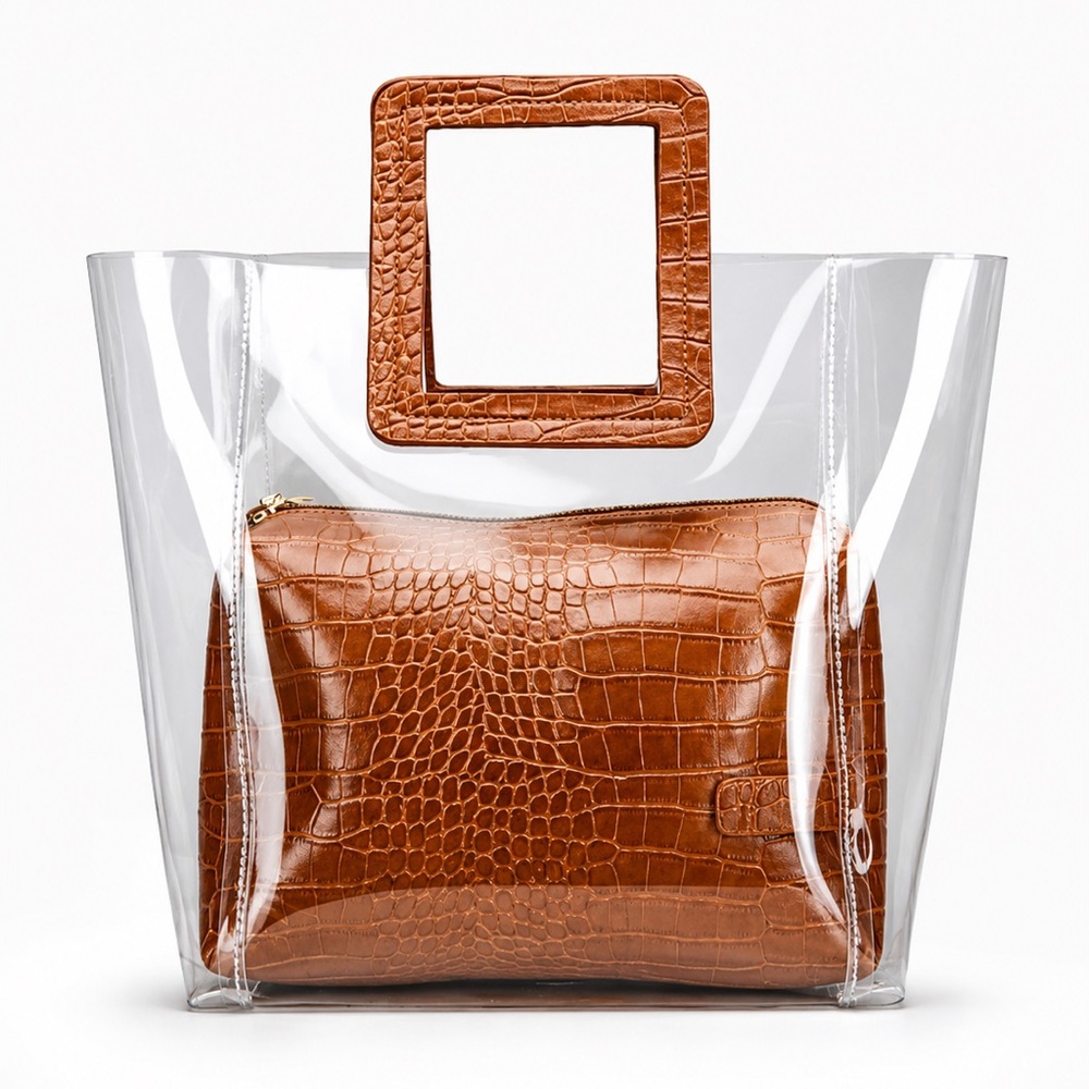 Clear Tote with Tan Croc Pouch and Tan Croc Handles - Women Bags